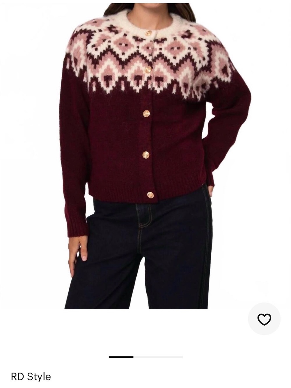 NEW STYLE RD Style Burgundy & Cream Fair Isle Button-Up Cardigan